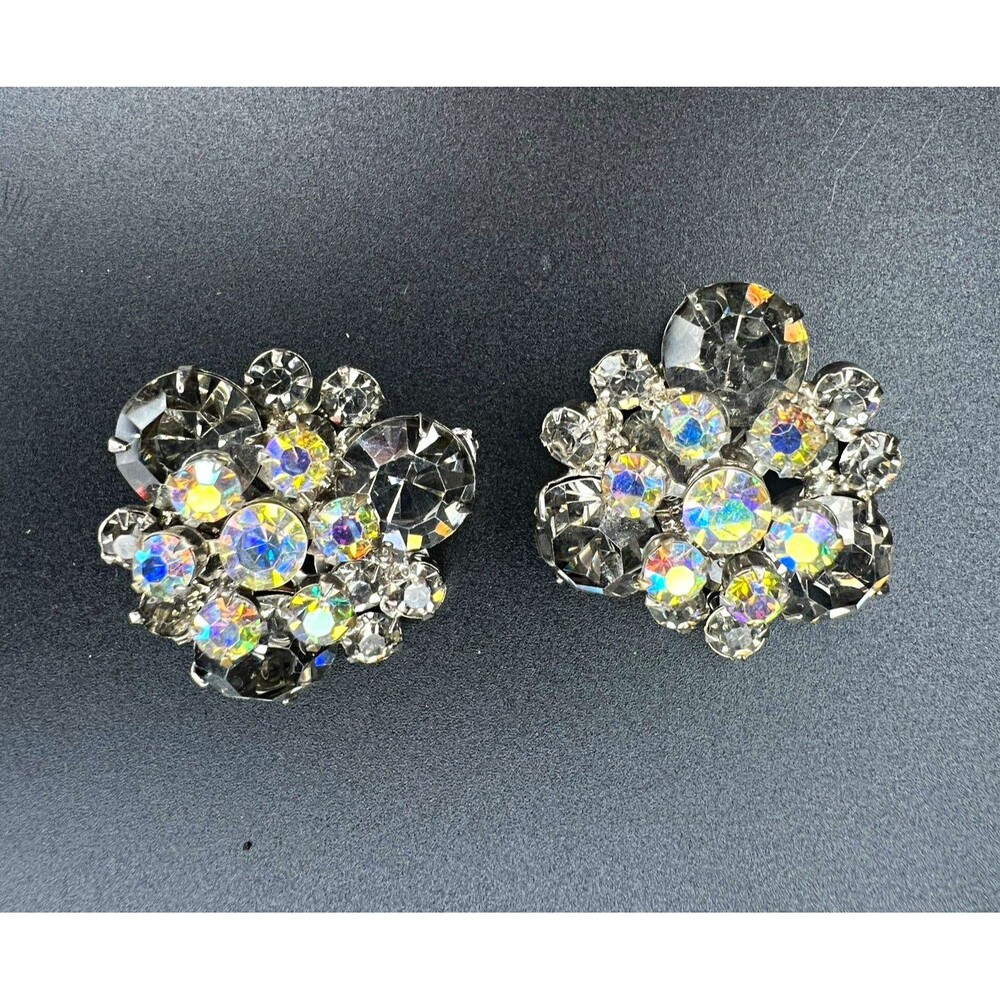 Ref No. 2073 Vintage Verified Juliana D&E Black Diamond & AB Clip Earrings